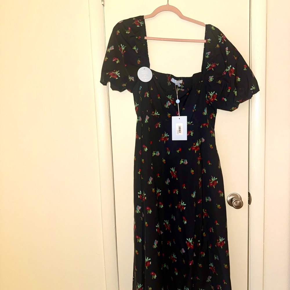 NWT Hill House Black Ikat Floral Matilda Dress, Square-Neck Puff Sleeve Midi - Picture 4 of 8